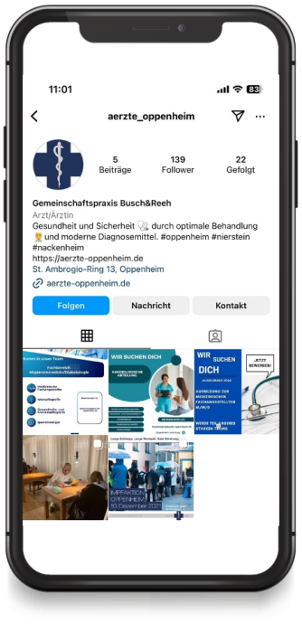 Handy mit Instagram-Kanal der Praxis